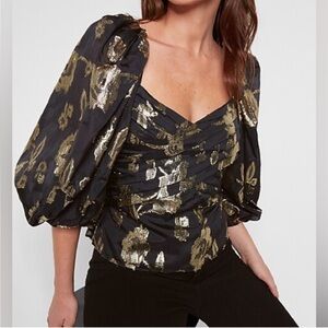 Express Black and Gold metallic Floral pleated front Blouse puff sleeves formal
